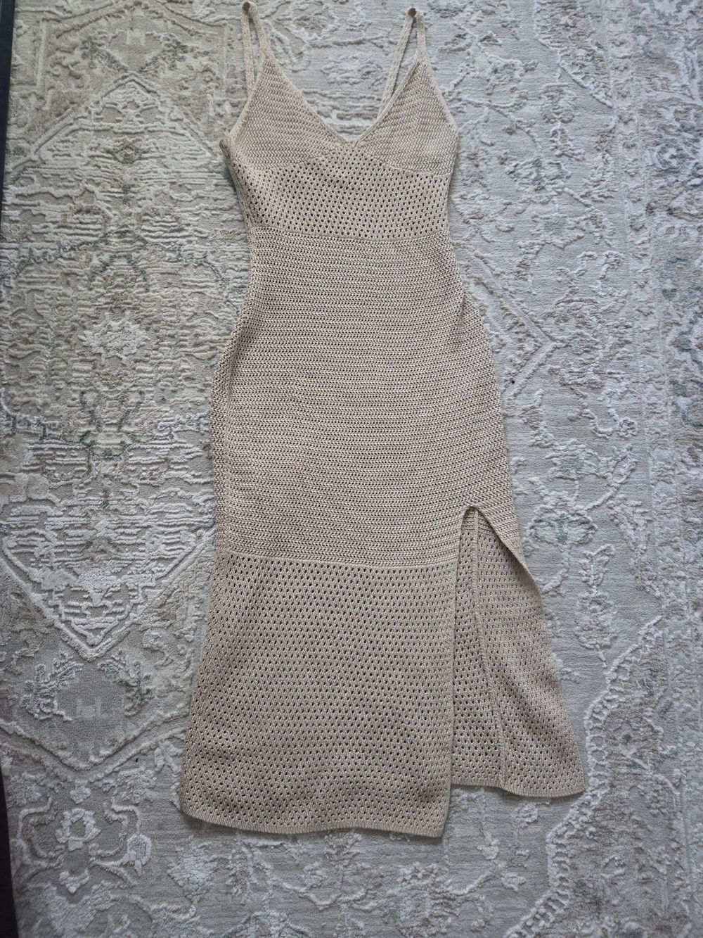 Wilfred Beige Crochet Maxi Dress with Side Slit